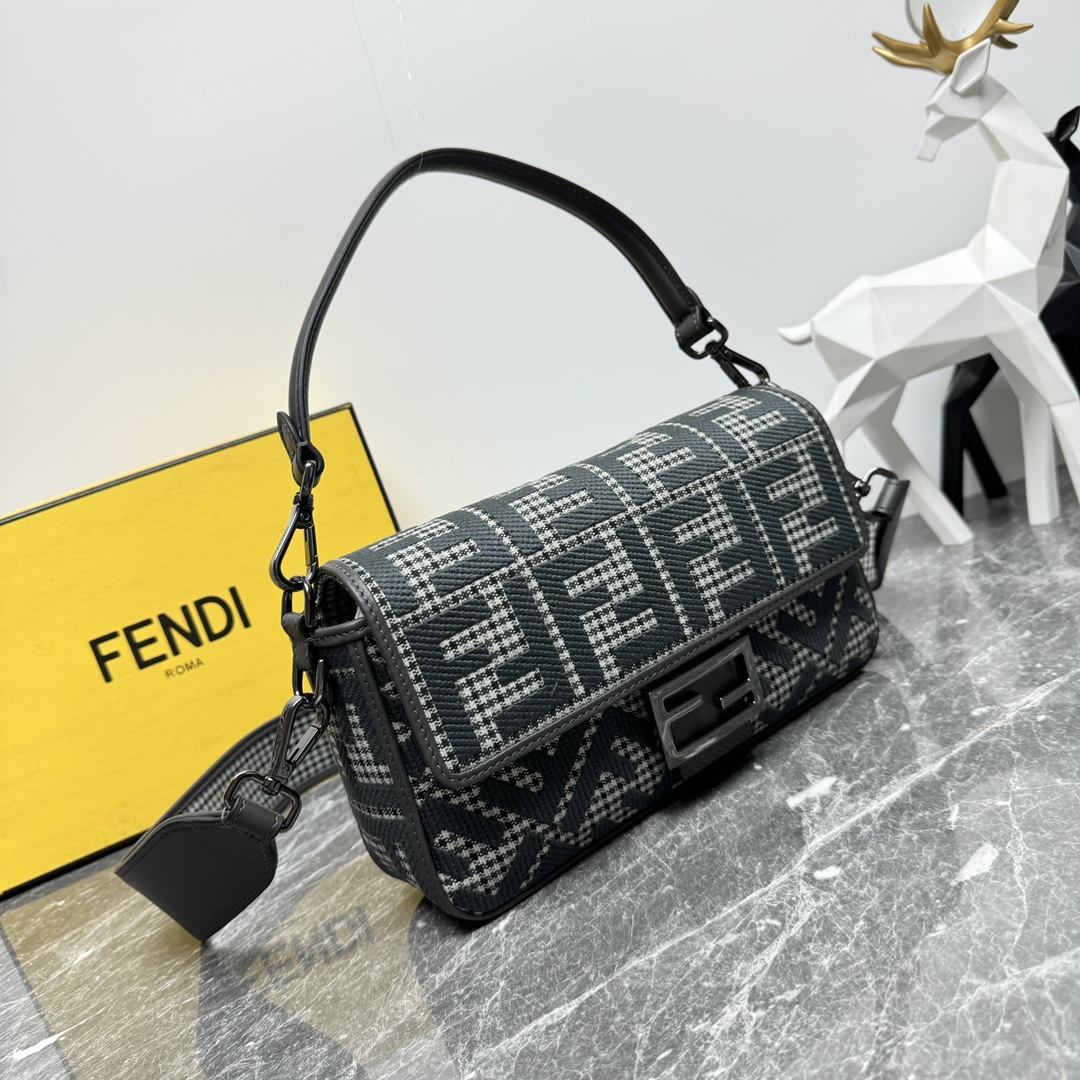 Fendi Medium Baguette FF Canvas Shoulder Bag Black